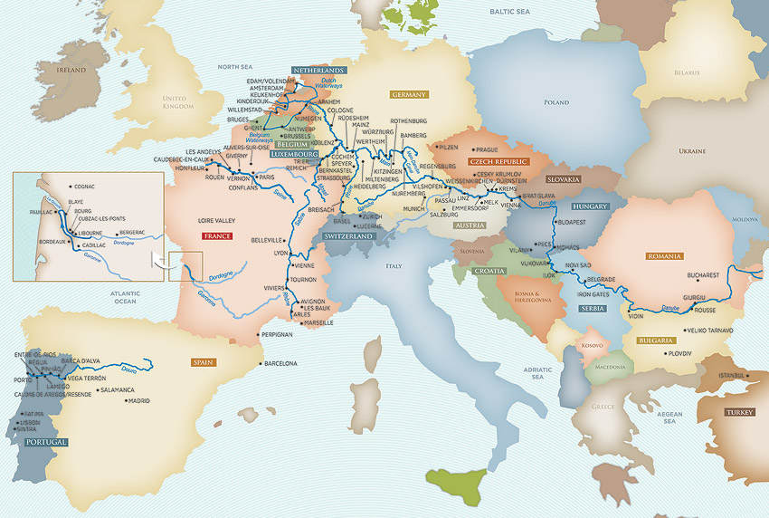 Map of European river-cruise routes through major wine regions